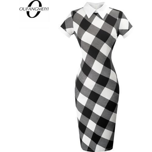 Fashion Formal Office Lady Elegant Turn-down Collar Short Sleeve Slim Women Dress EB518
