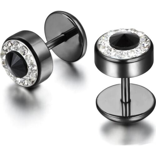 BONISKISS Fashion Mens Titanium Stainless Steel Silver Color Barbell Synthetic Crystal Earrings Faux Taper Jewelry Male BIjoux