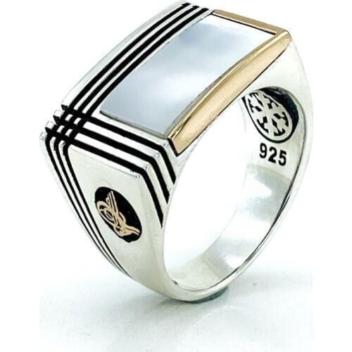 Kare Pearl Natural Stone Top Quality Silver Men 'S Ring