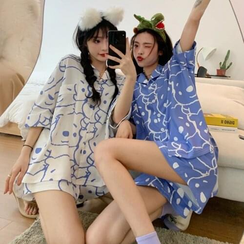 Summer Womens Pajamas Short Sleeved Shorts Lapel Cardigan Korean Sweet Student Home Suit Bear Pajamas