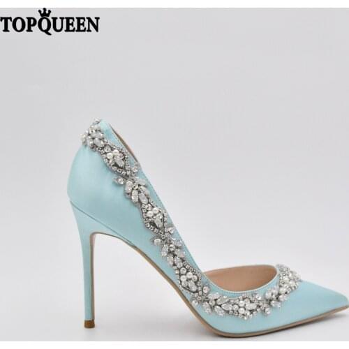 TOPQUEEN Wedding Shoes Womens Loafers Heels zapatos de mujer tacon medio elegante Rhinestone Blue Bride Feast Party shoe-A46