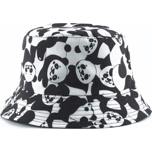 Cartoon Panda Funny Black White Bucket Hat For Men Women Panama Fisherman Caps Summer Cow Print Fishing Bucket Sun Hat