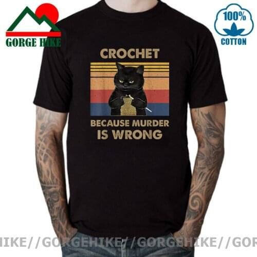 Funny Cartoon Black Cat Crochet Reading Coffee Barking Weed Sewing Because Murder is Wrong T shirt men Interesting Anime T-shirt
