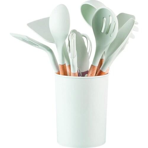 Green Silicone Utensils Kitchen Utensil Set with Multifunction Wooden Handle, Non-Stick Spatula, Ladle, Egg Shovel New product