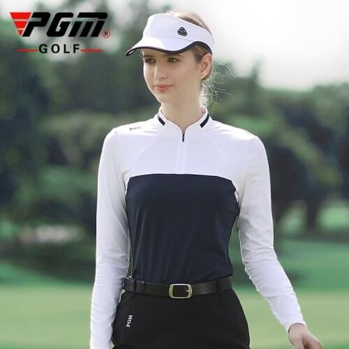 PGM Autumn Winter Womens Golf Shirts Patchwork Golf Top Quarter-Zip Long Sleeve Pullover T-Shirt Breathable Slim Sportswear
