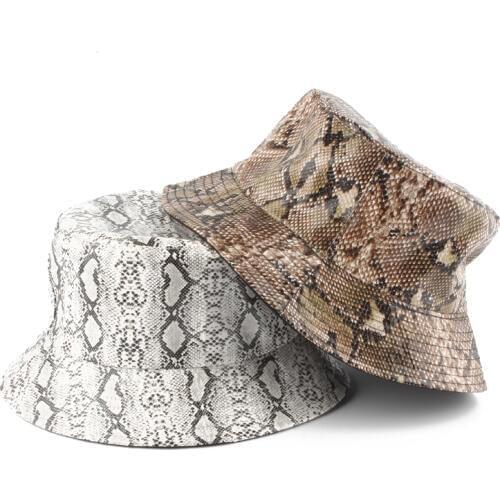 Snake Leather Harajuku Bucket Hat Men Women StreetWear Panama Bucket Cap Hip Hop Cap Reversible Fisherman Hat