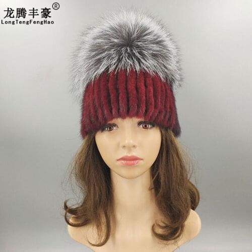 Women Hat Mink Fur Hat Winter Knitted Hat Women Silver Fox Fur Caps Female Russian Warm Beanies Hat Brand WomenS Fur Cap