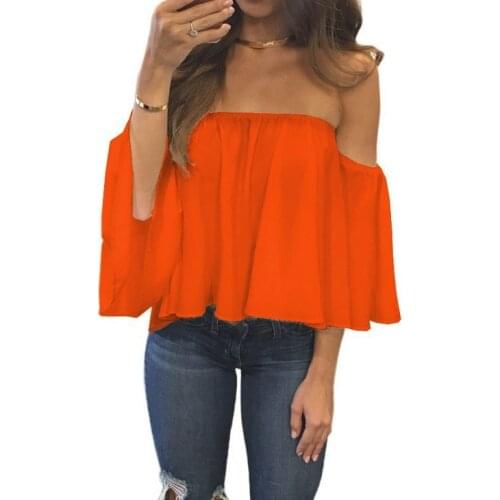 Off Shoulder Short Blouses Loose Three Quarter Sleeve Ladies Shirts Sexy Club Slash Neck Solid Color Top Elegant Women Tops