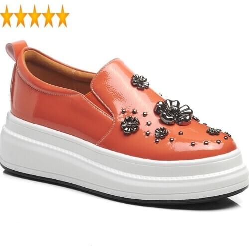 New Slip-On Patent Leather 2021 Spring Platform Women Height Increasing Rivets Metal Decoration Loafers Wedge Shoes Female