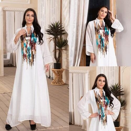 Sequins Embroidered Maxi Dress For Women White New Turkey Arabic V Neck Long Sleeve Jalabiya Muslim Islamic Ethnic Abaya2021 Eid