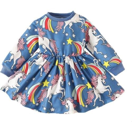 2021 Ins Baby Girls Casual Dress Unicorn Baby Rainbow Pattern Clothing Outfit Fashion Designer Cotton Clothes