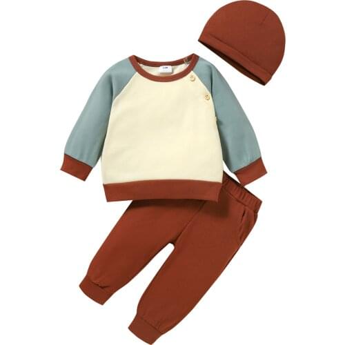3Pcs Little Boys Girls Outfit Autumn Toddlers Color Matching Long Sleeve Round Collar Tops + Long Pants + Cap Set