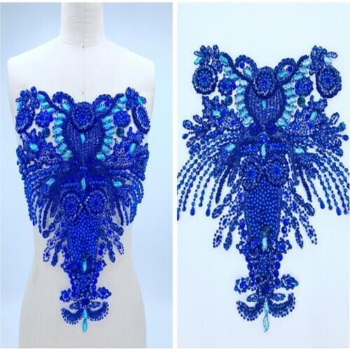 37*37cm handmade crystal patches sew on royalblue rhinestones applique on mesh for dress accessories