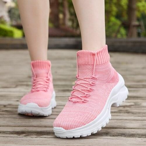 Sock Shoes Woman 2021 Autumn Platform Boots Womens Casual Sport Boot Elastic Weaven Booties Block Heel Female Footware BLACK