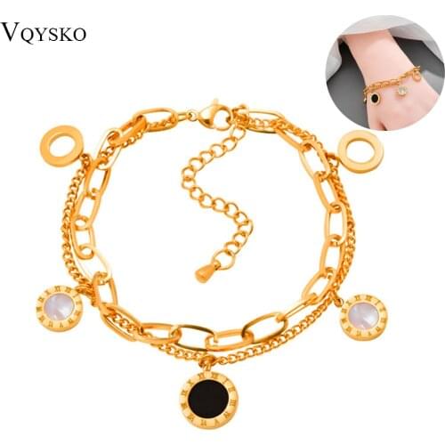 316L Stainless SteelParty Gift Bracelets For Women Black White Shell Roman Numerals Charm Double Layer Femme Jewelry Bracelet