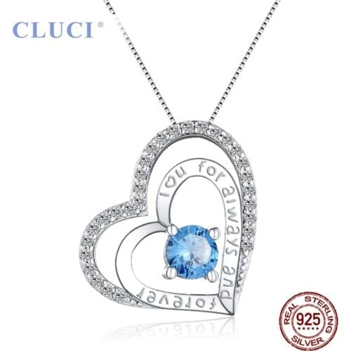 CLUCI Silver 925 Women Pendant Heart Shaped Blue Zircon 925 Sterling Silver Charms for Women Valentine Day Gift DP005SB