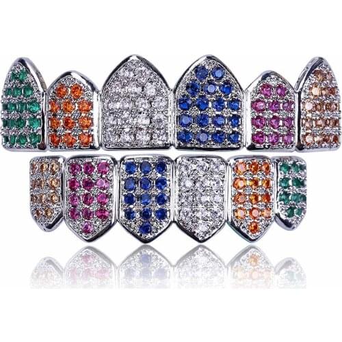 Teeth Grillzs Hip Hop Gold/Silver Color Grillz Multi-Color Micro Pave CZ Bling Cubic Zirconia Top & Bottom Grills