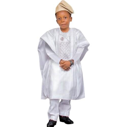 H&D African Clothes For Kids Boys Short Sleeve T-shirt Embroidery Dashiki Robe Shirt Pant Set 3 PCS Agbada Suit Children Attire