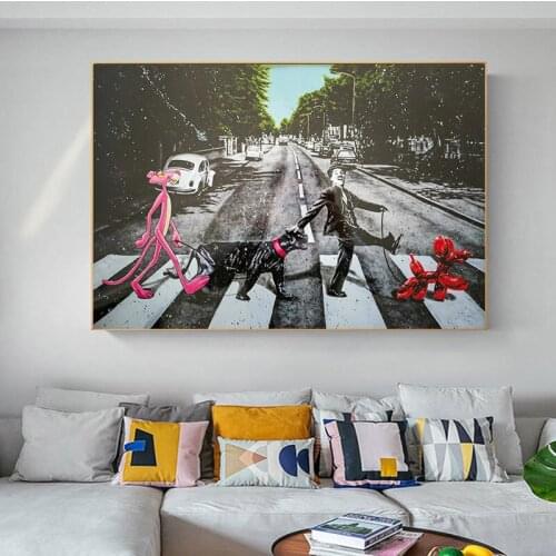 Canvas Painting The Pink Panther and Dog Walking on the Road Poster Graffiti Street Wall Picture Living Room Decoration