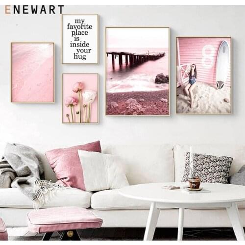 Wooden Trestle Wall Art Pink Flower Girl Canvas Painting Nordic Vacation Beach Posters and Prints for Living Room Home Decor