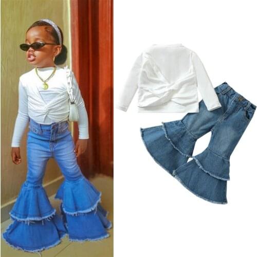 Citgeett Autumn Kids Toddler Girl Clothes Sets Long Sleeve White Tops Flared Jeans Denim Pant 2PCS Spring Outfits