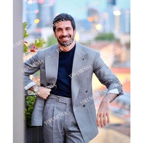 YIWUMENSA Grey Loose Men Suits Business 2 Peices Set Jacket With Pants Custom Made Pekaed Laple Formal Coat Blazer Masculino