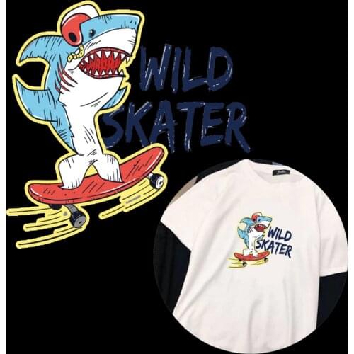 Skater shark Iron on Patches for Clothing Heat Transfer for T-shirt Hoodies Stickers for Clothes Diy Appliue Patch Parches Ropa