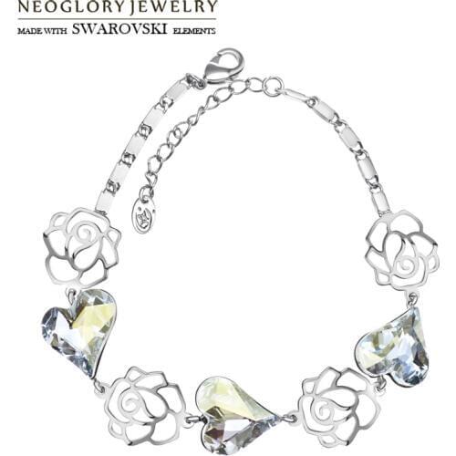 Neoglory Crystal Charm Bracelet Flower With Love Heart Design Romantic Valentines Gift Embellished With Crystals From Swarovski