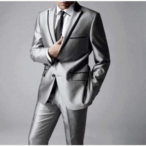 Newest Groomsmen Shiny Silver Grey Groom Tuxedos Peak Lapel Men Suits Wedding/Prom Best Man Blazer ( Jacket+Pants+Tie ) C377