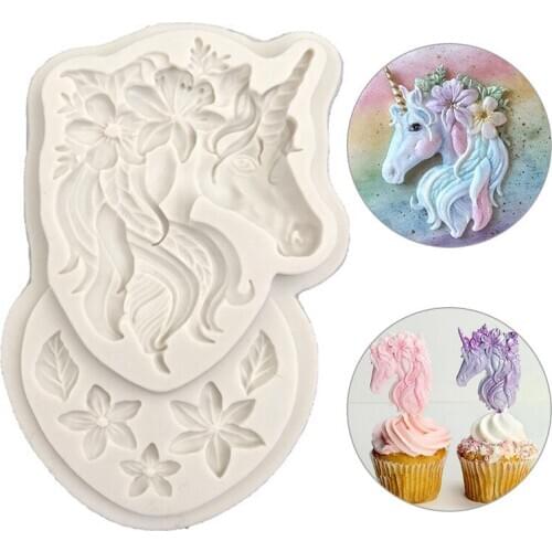 New Flower Unicorn Shape Fondant Cake Silicone Mold Cookies Chocolate Molds Biscuits Candy Mould Baking Cake Decoration Tools
