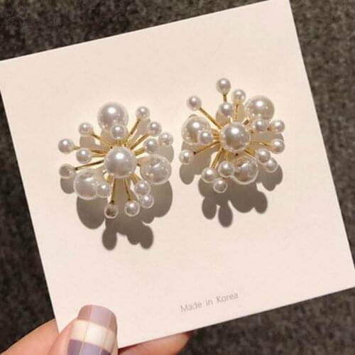 New Statement Earings Fashion Jewelry Fireworks Simulated Pearl Flower Stud Earrings For Women Bride Wedding Wholesale