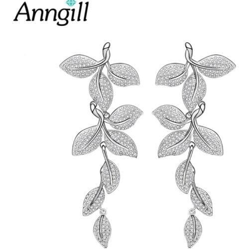 New Elegant Leaf Drop Earrings Long Statement Tiny CZ Silver Color Luxury Noble Bridal Wedding Earing Big Dangle Brincos Jewelry
