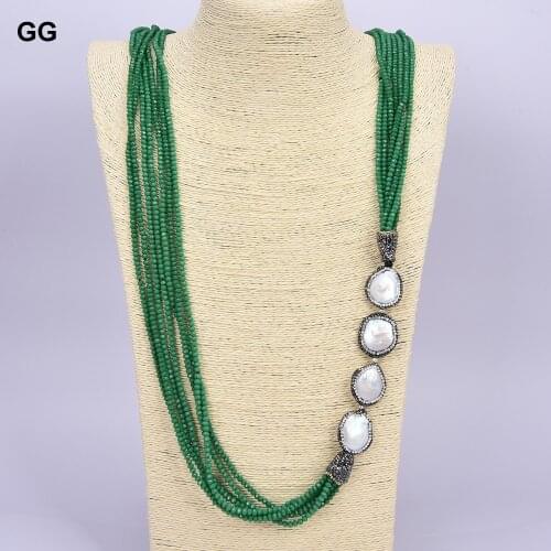 JK 37" 7Strands Green Crystal White Coin Pearl Necklace