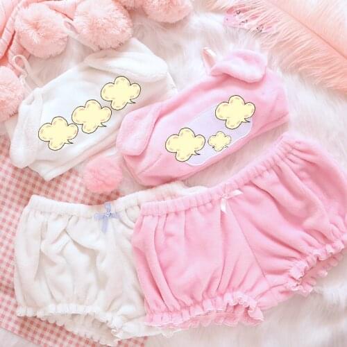 Plus Size Women Wire Free Bra Panties Set Sleep Wear Winter Lolita Sweet Kawaii Lingerie Cute Plush Bra and Panty Set Underwear