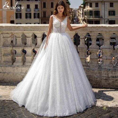 EVALOVE Luxurious Sparkly Lace Brush Train A-Line Wedding Dress Elegant Scoop Neck Beading Appliques Custom Princess Bridal Gown