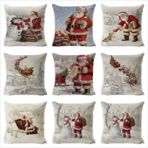 Merry Christmas Pillow Cover Linen Santa Printing Pillow Cases Sofa Cushion Cover Home Decoration Christmas Pillowcase