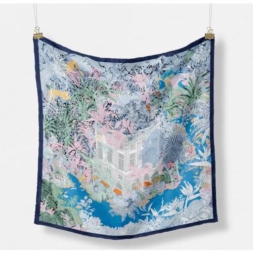 Twill Silk Scarf Woman Jungle City Print Square Scarves Wraps Bandana Small Hijab Foulards Lady Tie Headband Neckerchief 53CM
