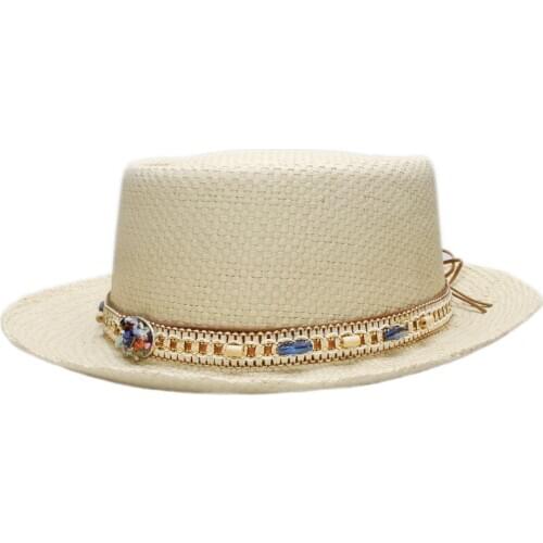 Bohemia Big Size Women Men Summer Fashion Raffia Straw Pork Pie Pork-pie Sun Hat Beach Boater Cap Stone Bead Knit Band 57-60cm