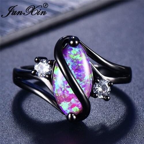 JUNXIN 90 OFF! Rainbow Fire Opal Rings For Women Black Gold Filled S Wave Ring Marquise Horse Eye Stone Birthstone Wedding Ring
