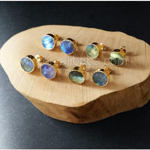 WT-E151 Lovely hot sale sparkly natural labradorite round stud stone with gold dipped multi color stone fashion earrings