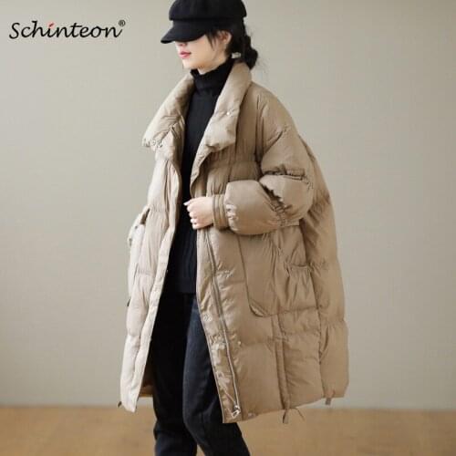 Schinteon Women Long Down Jacket Casual Loose Over Size Winter Warm Thick White Duck Down Outwear Stand Collar Coat New