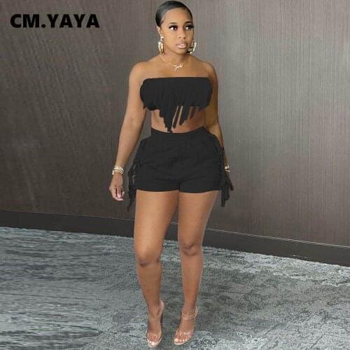 CM.YAYA Women Set Solid Sleeveless Strapless Tassel Crop Tops Stretchy Shorts Two 2 Piece Sets Sexy Fashion Outfit Summer 2021