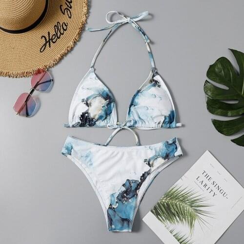 2021 New Fashion Ladies Tie-dye Swimsuit Sexy Halter Neck Strap Halter Low Waist Split Swimsuit Swimsuit Bikini Set