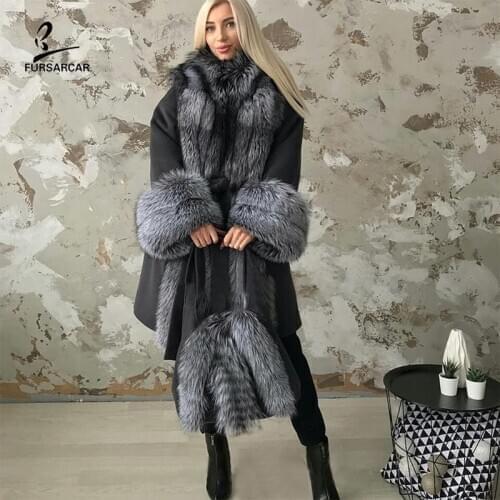 FURSARCAR 2020 New Luxury Cashmere Coat Women Winter Nature Fox Fur Collar Long Woolen Jacket Real Fur Outwear
