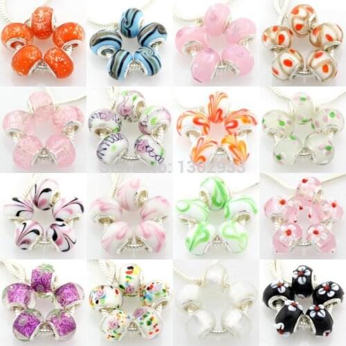 20pcs /Lot Murano Glass Lampwork Pink White Black Green Orange Beads Big Hole Silver Color Core For European Charm Bracelet G3