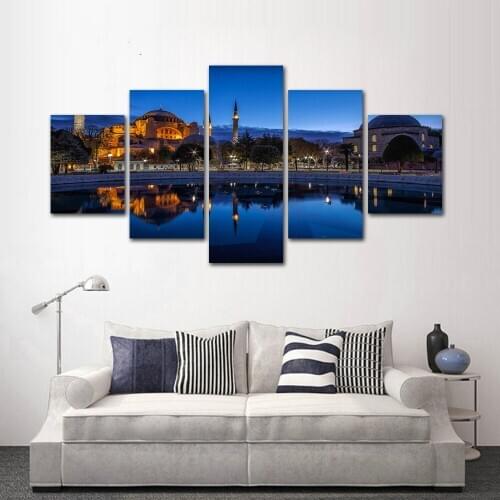 5 Panels Fashion Blue Night Sultan Ahmed Mosque Istanbul Canvas Painting Home Decoration Living Room Wall Art Pictures Unframed