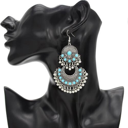 Bohemian Indian Ethnic Gold Drop Earrings Tribal Bells Tassel Natural Stone Dangle Brincos Women Party Charms Jewelry