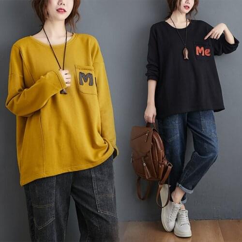 Large design top fat mm pocket cloth sweater womens autumn loose and versatile round neck long sleeve T-shirt