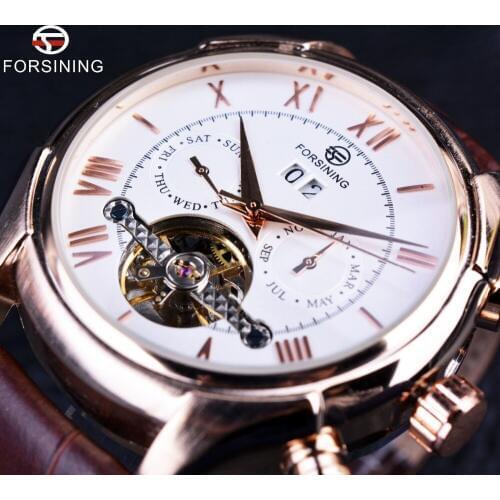 Forsining Royal Classic Rose Gold Case Brown Leather Strap Mens Automatic Watch Top Brand Luxury Erkek Saat Clock Men Wristwatch