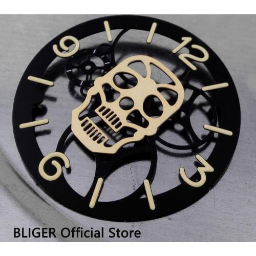 38.9MM Black Sterile Dial Full Skull Skeleton Watch Dial Fit for ETA 6497 ST3600 Hand-Winding Movement Luminous Numerals For Men